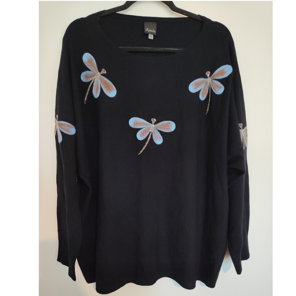 Aaeda Women Black Dragonfly Rhinestone Knit Sweater Plus Size 2X Long Sleeve